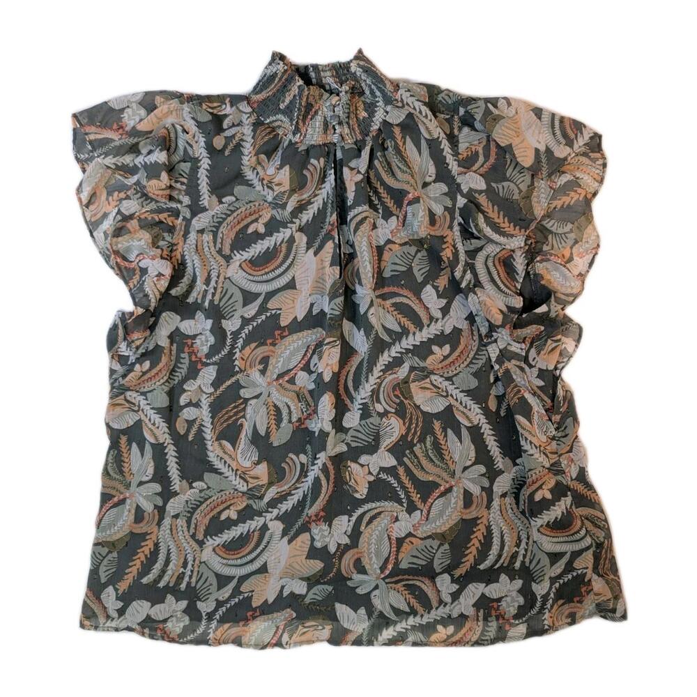 JOIE [ Large ] Flutter Sleeve Floral Mock Neck Smocked Blouse‎ Top  Green #U789